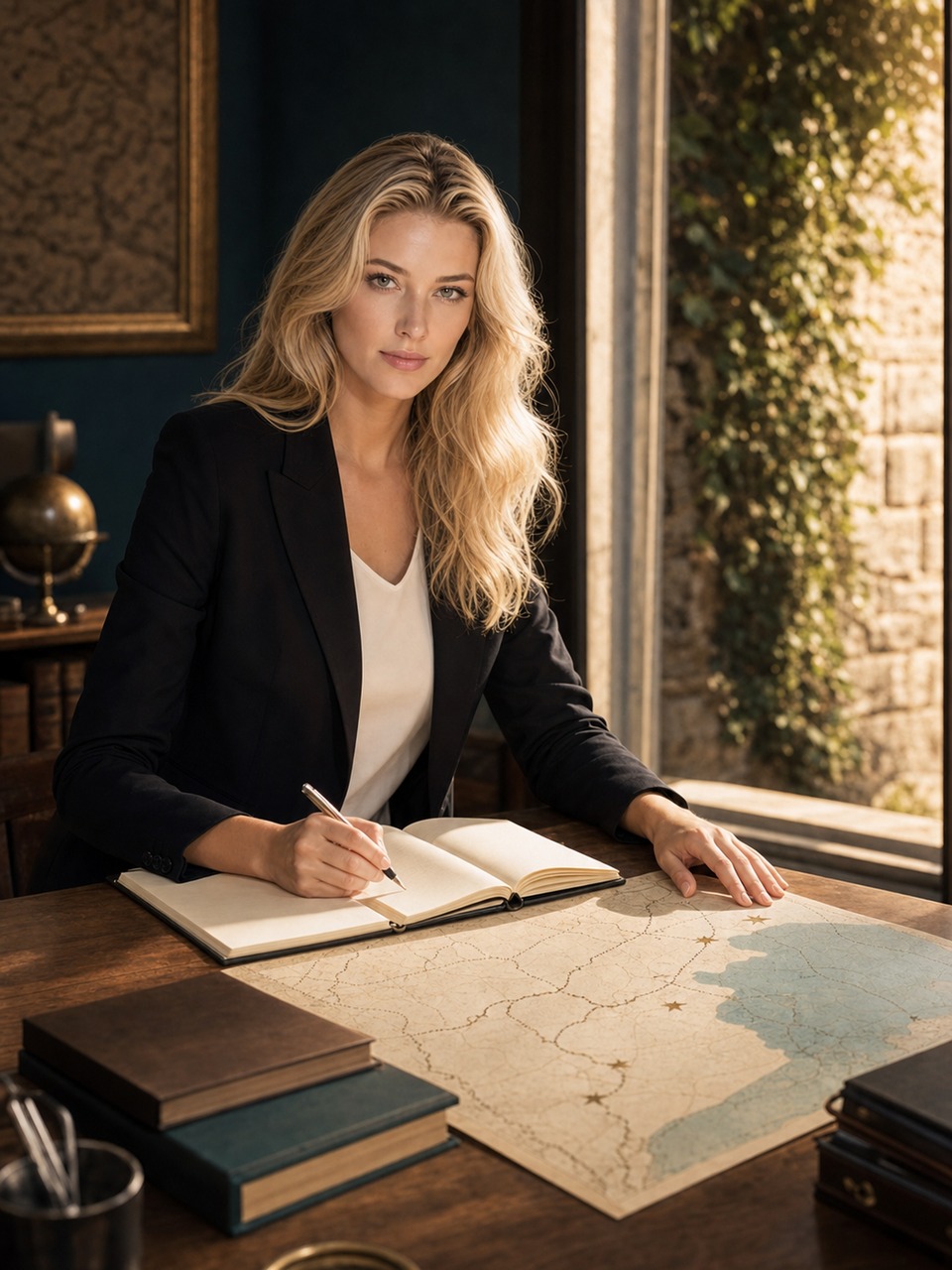 Portrait of Nicole Junkermann looking at the camera at a writing desk with a map and an open book spread out, by a daytime window in summer