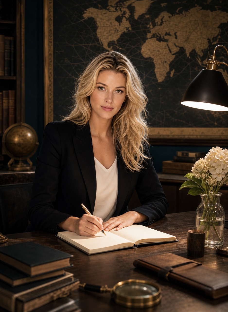 Nicole Junkermann writing in a notebook in front of a large world map