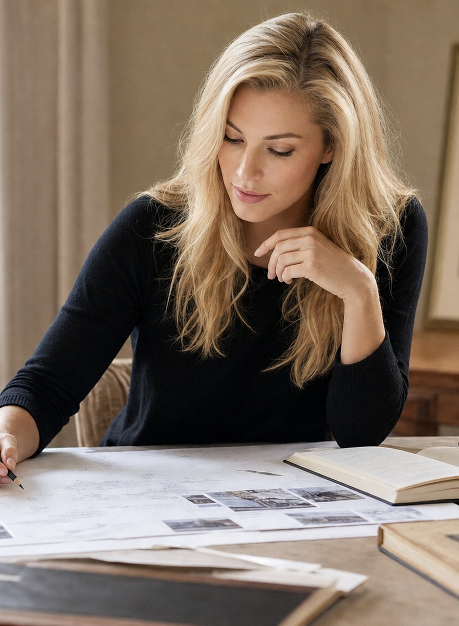 Portrait of Nicole Junkermann at a desk with maps and photographs in the long light of a summer evening, looking at the camera