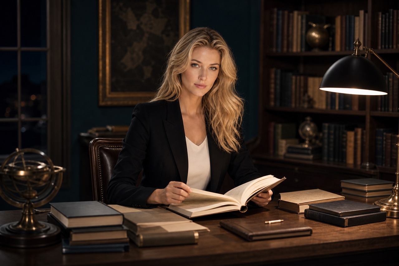 Nicole Junkermann reading at a desk stacked with books and a lamp